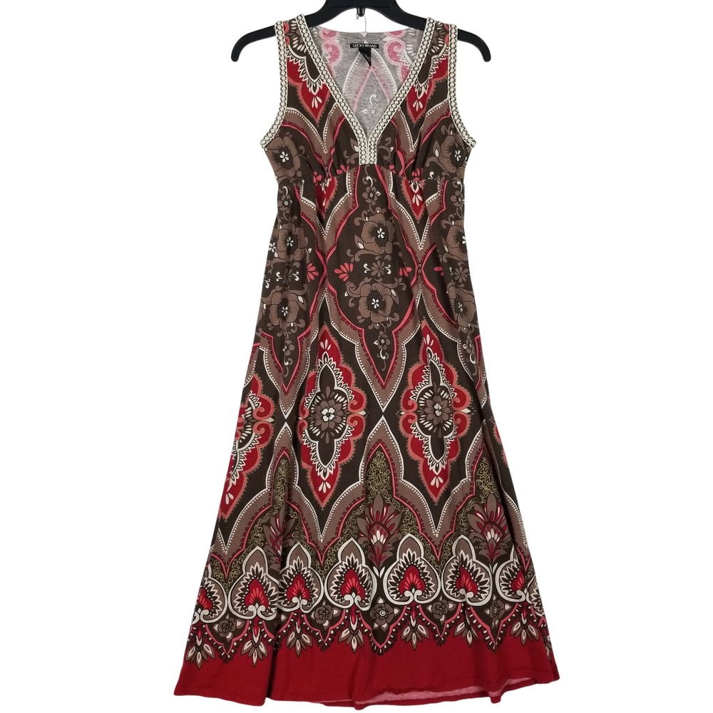 Lucky Brand Midi Dress Womens XS Brown Red Paisley Boho Crochet Trim Sleeveless